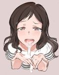  1girl blush brown_hair clothes code-aa cum cum_in_mouth cum_string cupping_hands long_hair open_mouth tears tongue_out 