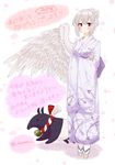  2017 alternate_costume animal commentary_request doremy_sweet doremy_sweet_(baku) egret feathered_wings geta happy_new_year highres japanese_clothes kimono kishin_sagume new_year red_eyes single_wing solo tapir touhou translation_request white_hair wings 