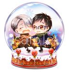  ^_^ black_hair blue-framed_eyewear brown_eyes candy chibi closed_eyes coat food glasses highres ice_skates katsuki_yuuri lollipop male_focus mikanhumi multiple_boys open_mouth sample scarf silver_hair skates skating smile snow_globe snowflakes viktor_nikiforov yuri!!!_on_ice 