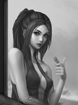  adapted_costume artist_name breasts dress earrings eyebrows eyeliner greyscale high_collar holding jewelry lips lipstick long_hair looking_at_viewer makeup medium_breasts monochrome no_headwear nose overwatch ponytail signature sleeveless sleeveless_dress solo stud_earrings tattoo upper_body widowmaker_(overwatch) zakuga 