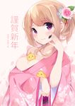  2017 :&gt; bangs between_breasts bird blue_flower blush breasts chick chikuwa. cleavage closed_mouth eyebrows_visible_through_hair facepaint floral_print flower hair_flower hair_ornament happy_new_year japanese_clothes kanzashi kimono kimono_pull large_breasts light_brown_hair looking_at_viewer nengajou new_year obi original pink_flower pink_kimono ponytail purple_eyes sash smile solo upper_body 