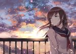  blue_eyes brown_hair cardigan cloud cloudy_sky commentary_request fence highres long_hair looking_away neckerchief original petals red_neckwear red_ribbon ribbon saitou_(lynx-shrike) school_uniform serafuku sky solo sunset wind 