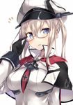  adjusting_eyewear anchor bangs black_gloves black_neckwear blonde_hair blue_eyes blush breasts capelet collared_shirt eyebrows_visible_through_hair glasses gloves graf_zeppelin_(kantai_collection) hair_between_eyes hat highres iron_cross kantai_collection large_breasts long_hair long_sleeves looking_at_viewer metindone military_hat necktie orange-framed_eyewear parted_lips red_neckwear semi-rimless_eyewear shirt simple_background solo striped striped_neckwear twintails upper_body white_background white_shirt 