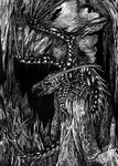  2010 ambiguous_gender black_and_white cave claws detailed_background dragon feral horn membranous_wings monochrome natoli nude open_mouth solo teeth traditional_media_(artwork) wings 