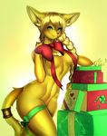 &lt;3 2016 anthro big_breasts blonde_hair blush breasts cat clothed clothing collar eyebrows eyelashes feline female fur gift green_eyes hair hi_res jewelry long_ponytail looking_at_viewer mammal nitricacid_(artist) partially_clothed ribbons slim smile snout solo tall thick_thighs yellow_fur 