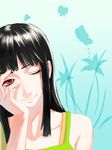  bare_shoulders black_hair bra_strap bug butterfly camisole collarbone flower half-closed_eye hand_on_own_cheek head_rest head_tilt highres insect long_hair looking_at_viewer nico_robin one_eye_closed one_piece red_eyes smile solo totsukitouka upper_body 