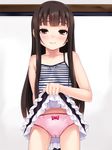  1girl bangs blunt_bangs blush bow bow_panties brown_hair character_request collarbone flat_chest frills h_na_koto_ni_kyoumi_ga_aru_otoshigoro john_doe_shinobu long_hair looking_at_viewer panties pink_panties pleated_skirt presenting simple_background skirt skirt_lift smile solo standing very_long_hair white_background 