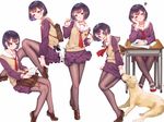  animal black_eyes black_hair book cat crossed_legs desk dog fangxiang_cuoluan legs loafers multiple_views original pantyhose school_uniform serafuku shoes short_hair simple_background sitting skirt uwabaki 