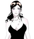  bare_shoulders black_dress black_hair blue_eyes breasts breasts_apart collarbone dress eyewear_on_head lips looking_to_the_side medium_breasts nico_robin one_piece pale_skin parted_lips simple_background smile solo sungi sunglasses upper_body white_background 