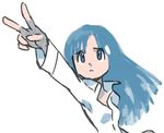  blue_eyes blue_hair breasts character_request closed_mouth collared_shirt commentary_request copyright_request frown long_hair long_sleeves popped_collar shirt simple_background small_breasts solo sugimori_ken upper_body v white_background white_shirt 