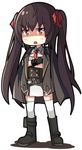  ac130 bangs blush boots brown_eyes brown_hair crossed_arms eyebrows_visible_through_hair full_body girls_frontline gloves hair_ribbon highres jacket_on_shoulders necktie qbz-97_(girls_frontline) red_ribbon ribbon shaded_face skirt solo thighhighs twintails 