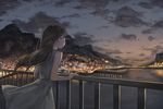  bangs black_hair city_lights commentary_request dress highres holding_railing long_hair looking_at_viewer looking_back mountain night ocean original railing sleeveless solo yohan1754 