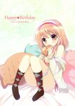  argyle argyle_legwear black_legwear blush bra breasts brown_hair dated eating food hairband happy_birthday kanon looking_at_viewer no_shoes panties pillow red_bra red_eyes side-tie_panties sitting small_breasts socks solo taiyaki tsukimiya_ayu twitter_username underwear wagashi watsuki_ayamo 