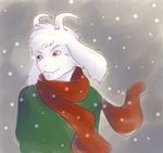  2016 anthro asriel_dreemurr boss_monster caprine clothed clothing digital_media_(artwork) fur goat horn long_ears male mammal outside red_eyes scarf simple_background smile snow solo standing tuft undertale video_games white_fur woggywoowoo 