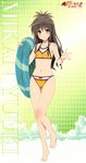  absurdres beads bikini brown_hair flat_chest full_body hair_beads hair_ornament highres huge_filesize innertube looking_at_viewer midriff navel official_art scan smile solo standing swimsuit to_love-ru to_love-ru_darkness yellow_eyes yuuki_mikan 