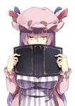  bags_under_eyes belly blue_ribbon blunt_ends book breasts commentary_request covering_mouth deetamu dress eyes_visible_through_hair hat hat_ribbon highres holding holding_book jitome large_breasts long_hair looking_at_viewer mob_cap open_book pajamas patchouli_knowledge purple_eyes purple_hair red_ribbon ribbon simple_background solo staring striped touhou upper_body vertical-striped_dress vertical_stripes white_background 