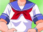  1girl animated animated_gif artist_request blush breasts brown_hair clothes_lift collarbone embarrassed flat_chest green_background green_eyes idol_janshi_suchie-pai long_hair mizuno_yuki nipples ponytail presenting school_uniform serafuku simple_background solo upper_body 