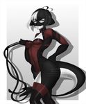  2016 abstract_background anthro bdsm bondage bound breasts butt clothing costume female grey_eyes hair hi_res legwear lizard looking_at_viewer mammal nitricacid_(artist) reptile scalie shadow short_hair slim snout solo teeth thick_thighs whip 