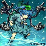  backpack bag bangs blue_background blue_eyes blue_footwear blue_hair blue_shirt blue_skirt boots clenched_hand collared_shirt full_body green_hat hair_bobbles hair_ornament hat kawashiro_nitori key long_sleeves looking_away lowres mechanical_arms meimaru_inuchiyo pouch rubber_boots shirt short_hair skirt solo touhou two_side_up water water_drop 