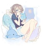  barefoot belly_peek blue_eyes blue_shorts book duplicate frilled_pillow frills full_body glasses grey_hair holding holding_book looking_at_viewer love_live! love_live!_sunshine!! navel pillow rassie_s shirt short_hair short_shorts shorts solo stuffed_animal stuffed_dolphin stuffed_toy t-shirt watanabe_you 