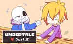  ambiguous_gender bone clothed clothing digital_media_(artwork) duo english_text eyes_closed hair hi_res human male mammal mi_lunuo_sterling monster not_furry protagonist_(undertale) sans_(undertale) simple_background skeleton smile text undead underground undertale video_games 
