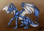 2010 blue_eyes brown_background digital_media_(artwork) dragon feral gradient_background horn membranous_wings natoli nude simple_background sitting smile solo spines watermark wings 