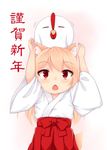  animal animal_ears animal_on_head binsen bird blonde_hair chestnut_mouth chicken dog_ears dog_tail fang hakama haori japanese_clothes long_hair miko on_head original red_eyes rooster tail 