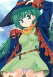  alicesoft artist_request blue_eyes green_hair hand_on_head hat highres long_hair looking_down masou_shizuka panties rance_(series) solo underwear witch_hat 
