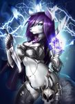  2016 amulet anthro arm_wear armor blue_eyes blush canine cape chest_plate clothed clothing dagger detailed_background dog eyebrows eyelashes female fur grey_fur hair hi_res horn jewelry legwear lightning looking_at_viewer mammal melee_weapon nitricacid_(artist) purple_hair skull slim snout solo supernatural underwear weapon 