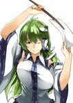  ;) arm_up bangs bouncing_breasts breasts closed_mouth commentary_request deetamu detached_sleeves dress_shirt frog_hair_ornament gohei green_eyes green_hair hair_between_eyes hair_ornament hair_tubes japanese_clothes kochiya_sanae large_breasts long_hair looking_at_viewer nontraditional_miko one_eye_closed shirt smile snake_hair_ornament solo touhou unaligned_breasts upper_body white_background white_shirt wide_sleeves 