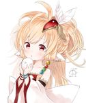  animal_ears artist_name bandeau bangs bare_shoulders bead_bracelet beads blonde_hair blush bracelet capriccio commentary_request dated detached_sleeves eyebrows_visible_through_hair feathers food granblue_fantasy hair_beads hair_feathers hair_ornament harvin heart holding holding_food jewelry long_hair looking_at_viewer mahira_(granblue_fantasy) parted_lips petite red_eyes signature simple_background solo white_background wide_sleeves 
