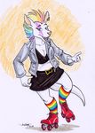  2017 action_pose anthro blue_eyes bra breasts cleavage clothed clothing ear_piercing female hair kangaroo legwear looking_at_viewer mammal marsupial midriff multicolored_hair open_jacket open_mouth open_smile piercing rabbi-tom rainbow_hair rollerskates short_hair simple_background skirt smile solo striped_legwear stripes underwear 