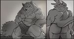  anthro balls bulge butt canine clothed clothing digital_media_(artwork) dragon erection fur hair horn invalid_tag looking_at_viewer male mammal mane muscular muscular_male pecs penis simple_background smile standing steen underwear wolf 