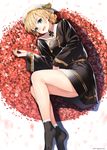  2017 :d arm_across_waist bare_legs beret black_dress blonde_hair blue_eyes braid cross darjeeling dress eyebrows_visible_through_hair flower_bed girls_und_panzer gold_trim hat highres kerorira lace_trim legs long_sleeves lying no_shoes on_side open_mouth silk smile socks solo thighs twitter_username wide_sleeves winged_hat 