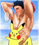  1boy black_hair male_focus muscle pokemon pokemon_(game) pokemon_sm red_(pokemon) red_(pokemon)_(sm) solo sweat 