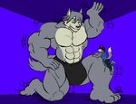  abs biceps bulge canine caseyljones clothed clothing destructive dog duo fox growth husky kouya_(morenatsu) macro male male/male mammal micro morenatsu muscle_growth muscular pecs sirus size_growth speedo swimsuit thick_muscles 