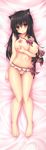  absurdres ahoge animal_ears barefoot bed_sheet bell black_hair blush bow bowtie breasts brown_eyes cat_ears cat_tail dakimakura frilled_panties frills full_body highres huge_filesize large_breasts long_hair looking_at_viewer lying mia_flatpaddy navel nipples on_back original panties pink_panties polka_dot polka_dot_panties ribbon slit_pupils solo syroh tail tail_bell topless underwear 