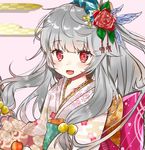  :d bangs beads blush bow breasts close-up eyebrows_visible_through_hair floral_print flower grey_hair hair_beads hair_flower hair_ornament highres japanese_clothes kimono large_bow long_hair looking_at_viewer nanakagura obi one_side_up open_mouth original pink_background pink_bow red_eyes red_flower sash silver_hair simple_background small_breasts smile solo upper_body white_kimono 