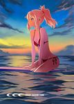  arm_support bikini blonde_hair breasts cleavage fate/apocrypha fate/grand_order fate_(series) green_eyes groin mordred_(fate)_(all) mordred_(swimsuit_rider)_(fate) ponytail red_bikini revision shirotsumekusa side-tie_bikini small_breasts soaking_feet solo sunset surfboard swimsuit water 