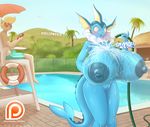  2017 anthro anthrofied areola big_breasts blonde_hair blue_nipples blue_skin blush breast_expansion breasts clothed clothing duo eeveelution english_text eyewear female fence fin hair hose huge_breasts hyper hyper_breasts linoone lysergide nintendo nipples nude outside palm_tree patreon pok&eacute;mon pok&eacute;morph pussy shorts sign smile sunglasses swimming_pool text tree umbrella vaporeon video_games water wet wide_hips 