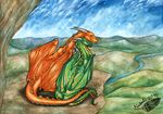  2010 day dragon duo feral horn membranous_wings natoli nude outside sitting sky spines traditional_media_(artwork) watermark wings 
