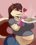  &lt;3 2017 anthro aurra belly big_belly big_breasts breasts brown_eyes brown_fur brown_hair canine clothed clothing cookie dog english_text female food fur hair long_hair malamute mammal navel nightfaux open_mouth oven_mitts pants plate pregnant raised_tail red_fur shirt signature solo teeth text tongue 