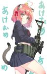  absurdres acog ahoge ak-5 akeome animal animal_ears animal_on_head assault_rifle bangs black_serafuku black_skirt blush bob_cut cat_ears cat_tail chick_on_head closed_mouth commentary_request cowboy_shot crop_top crop_top_overhang eyebrows_visible_through_hair from_side gloves green_gloves gun happy_new_year highres holding holding_gun holding_weapon knee_up load_bearing_equipment looking_at_viewer magazine_(weapon) neckerchief new_year on_head oota_youjo original pink_eyes pink_hair rifle school_uniform serafuku short_hair skirt smile solo tail weapon 