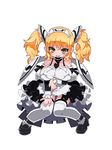  blonde_hair breasts detached_sleeves dress full_body garter_straps large_breasts long_hair necktie open_mouth simple_background solo thighhighs twintails white_background yellow_eyes zankuro 