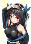  arm_up bangs black_hair blue_ribbon breasts closed_mouth collarbone eyebrows_visible_through_hair hair_ribbon halterneck hand_on_hip highres kurotobi_rarumu long_hair medium_breasts off_shoulder original ribbon smile solo star swept_bangs two_side_up white_background 