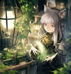  animal_ears blurry braid cat_ears dark depth_of_field fantasy feathers fence flower frown glowing glowing_feather hands_up highres lamp lee_hyeseung light light_particles long_hair night original sad scarf shawl silver_eyes silver_hair solo sweater 