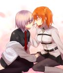  bad_id bad_pixiv_id boots fate/grand_order fate_(series) food fujimaru_ritsuka_(female) glasses mash_kyrielight multiple_girls necktie orange_hair pantyhose pink_hair pocky pocky_kiss shared_food short_hair sitting skirt usanagi wariza yokozuwari yuri 