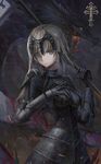  armor armored_dress bangs blood breasts capelet chain closed_mouth commentary_request cowboy_shot dragon fate/grand_order fate_(series) flag frown gauntlets grey_eyes grey_hair headpiece highres jeanne_d'arc_(alter)_(fate) jeanne_d'arc_(fate)_(all) looking_at_viewer medium_breasts short_hair tianya_beiming 