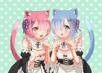  :3 :d :o animal_ears apron aqua_background blue_eyes blue_hair blush breasts cat_ears cat_tail cleavage corset detached_sleeves fang hair_ornament hair_over_one_eye kemonomimi_mode leaning_forward maid maid_headdress medium_breasts monotsuki multiple_girls open_mouth paw_pose pink_eyes pink_hair polka_dot polka_dot_background ram_(re:zero) re:zero_kara_hajimeru_isekai_seikatsu rem_(re:zero) ribbon-trimmed_sleeves ribbon_trim short_hair siblings sisters smile tail twins waist_apron x_hair_ornament 