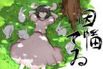  animal animal_ears arm_garter arms_behind_head arms_up black_hair bunny bunny_ears bunny_girl character_name commentary_request dappled_sunlight dress highres inaba_tewi kan_(aaaaari35) looking_up lying on_back pink_dress puffy_short_sleeves puffy_sleeves red_eyes short_hair short_sleeves sunlight touhou tree under_tree 